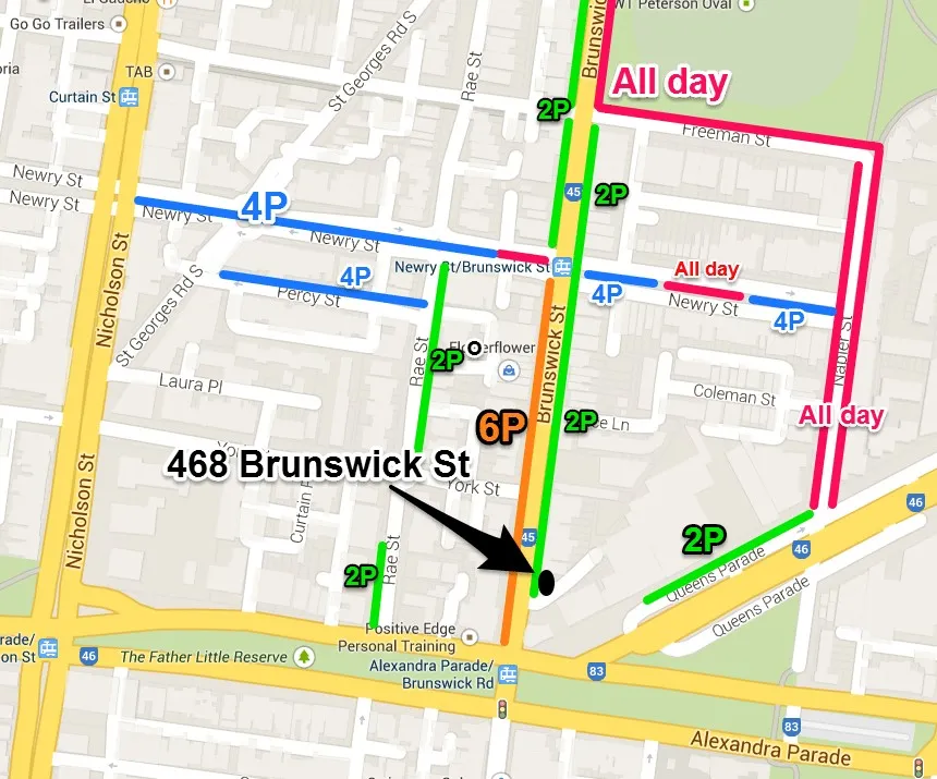 Parking map showing 2P, 4P, 6P and all-day parking zones around 468 Brunswick St, North Fitzroy